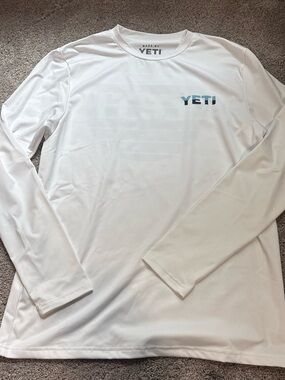 Yeti Men's Long-Sleeve Performance Tee in White with Blue Logo
